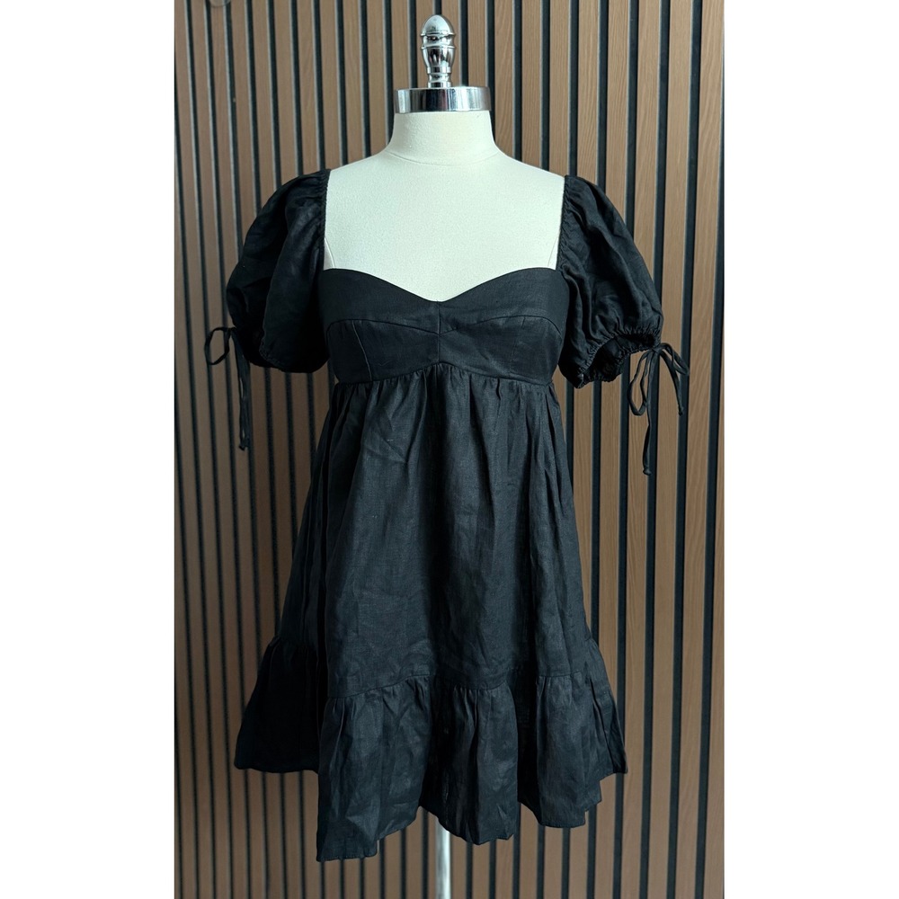 Nati Mini Dress Womens Medium Black 100% Linen Puff Sleeve Sweetheart Smocked